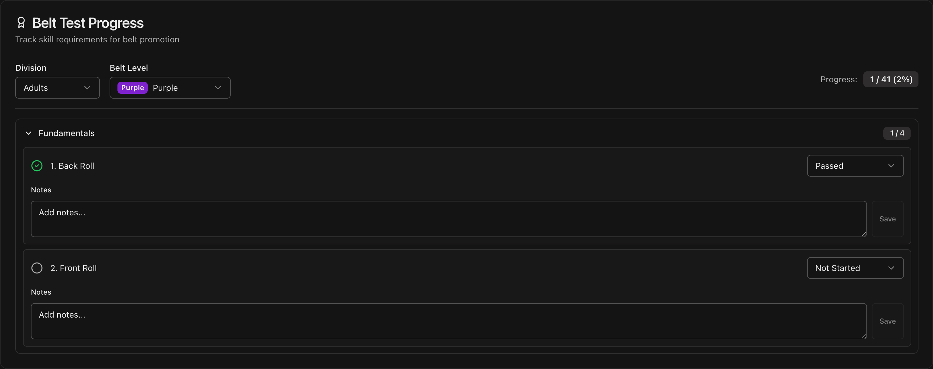 Belt Test Progress section showing categories, position dropdowns, and Progress counter