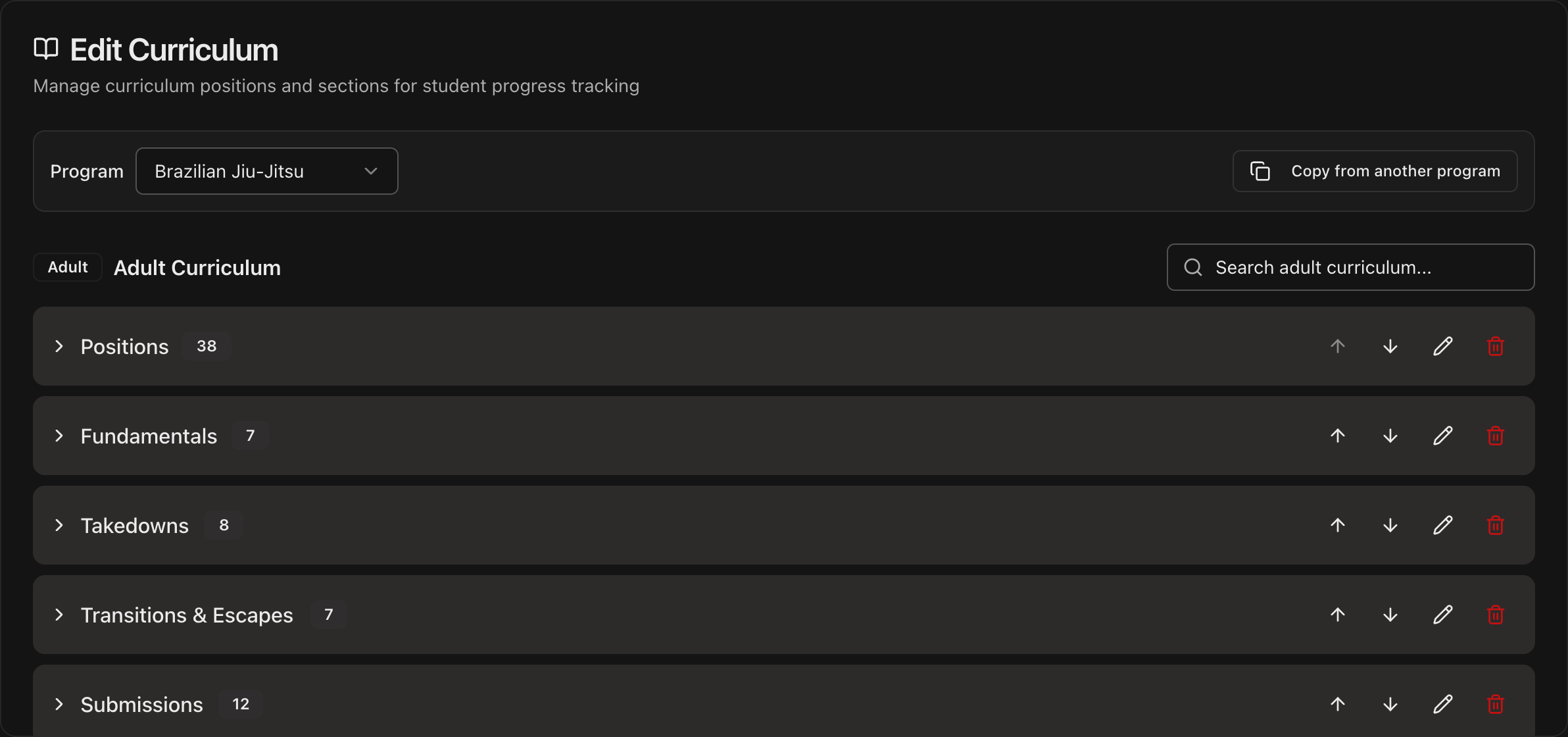 Edit Curriculum section with the Program dropdown and Copy from another program button above the Adult Curriculum