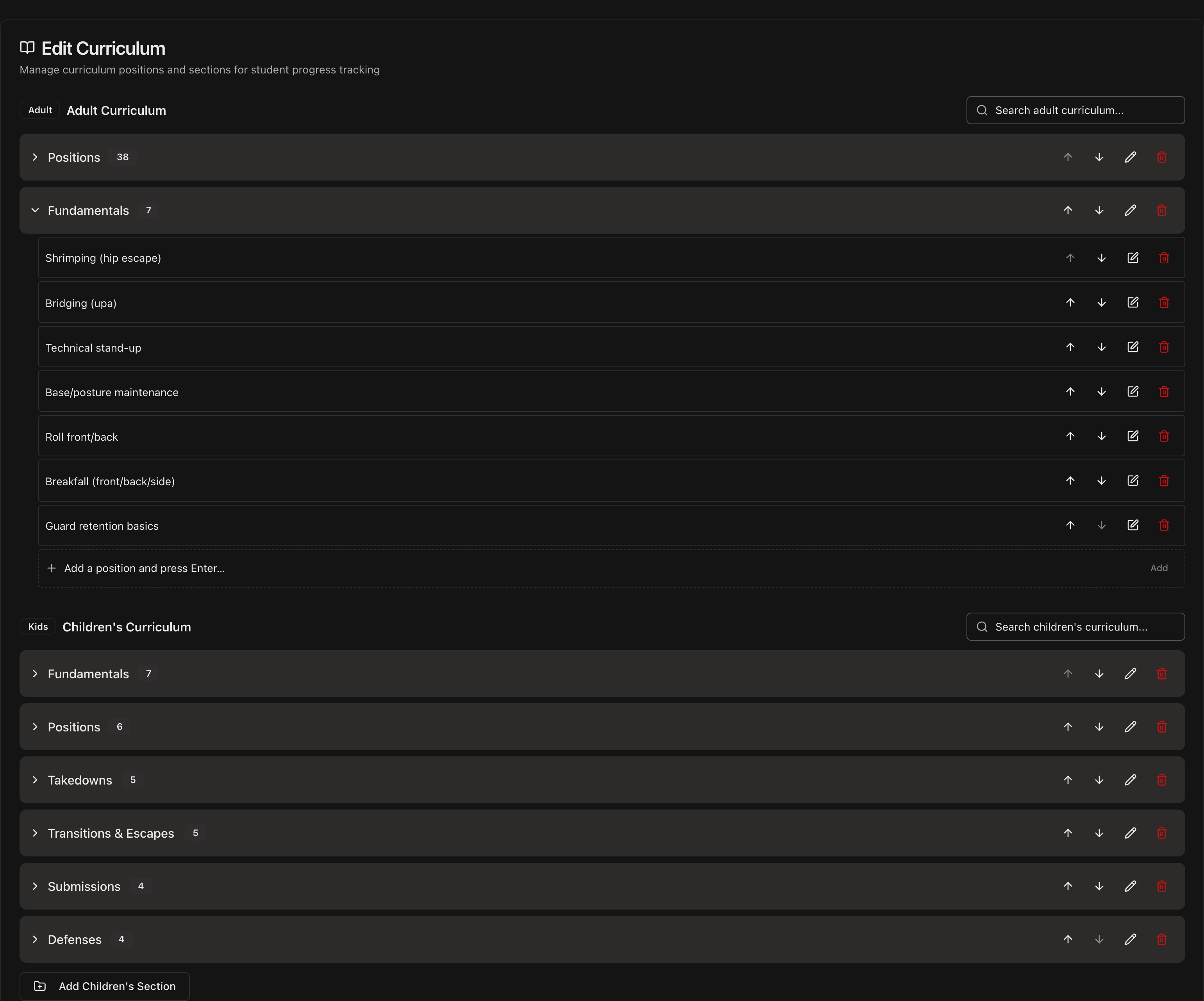 Edit Curriculum section showing Adult and Children's curricula with category controls