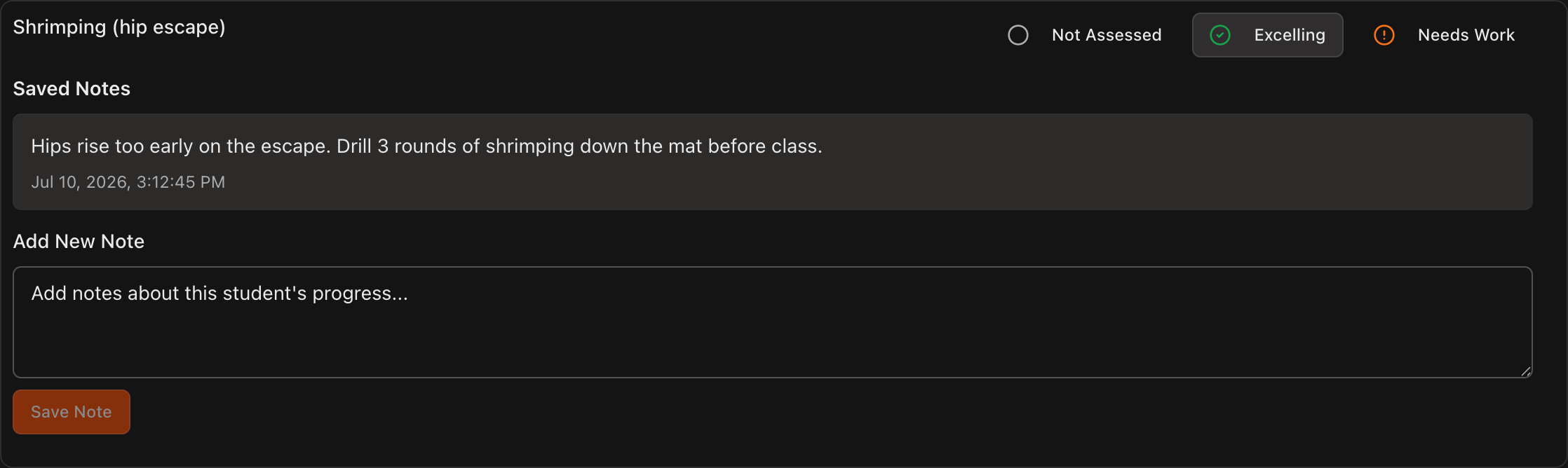 Position expanded showing Add New Note field, Save Note button, and Saved Notes list