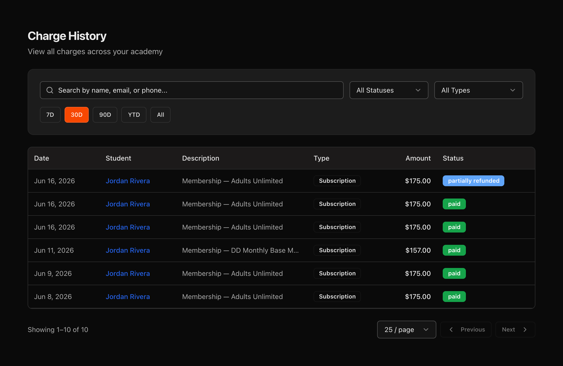Charge History page with search box and filter dropdowns