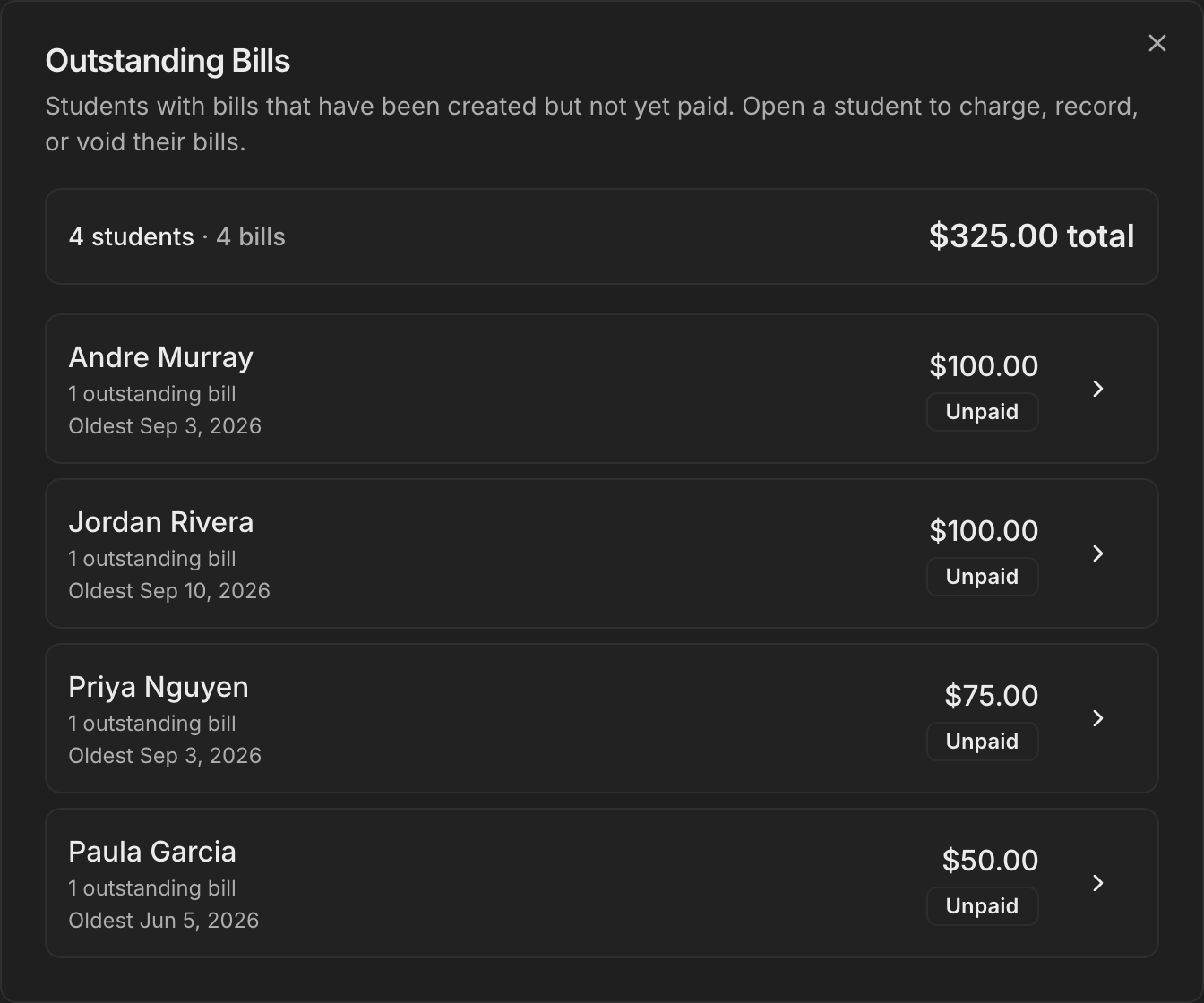 Outstanding Bills popup listing students with open bills, oldest bill dates, and amounts owed