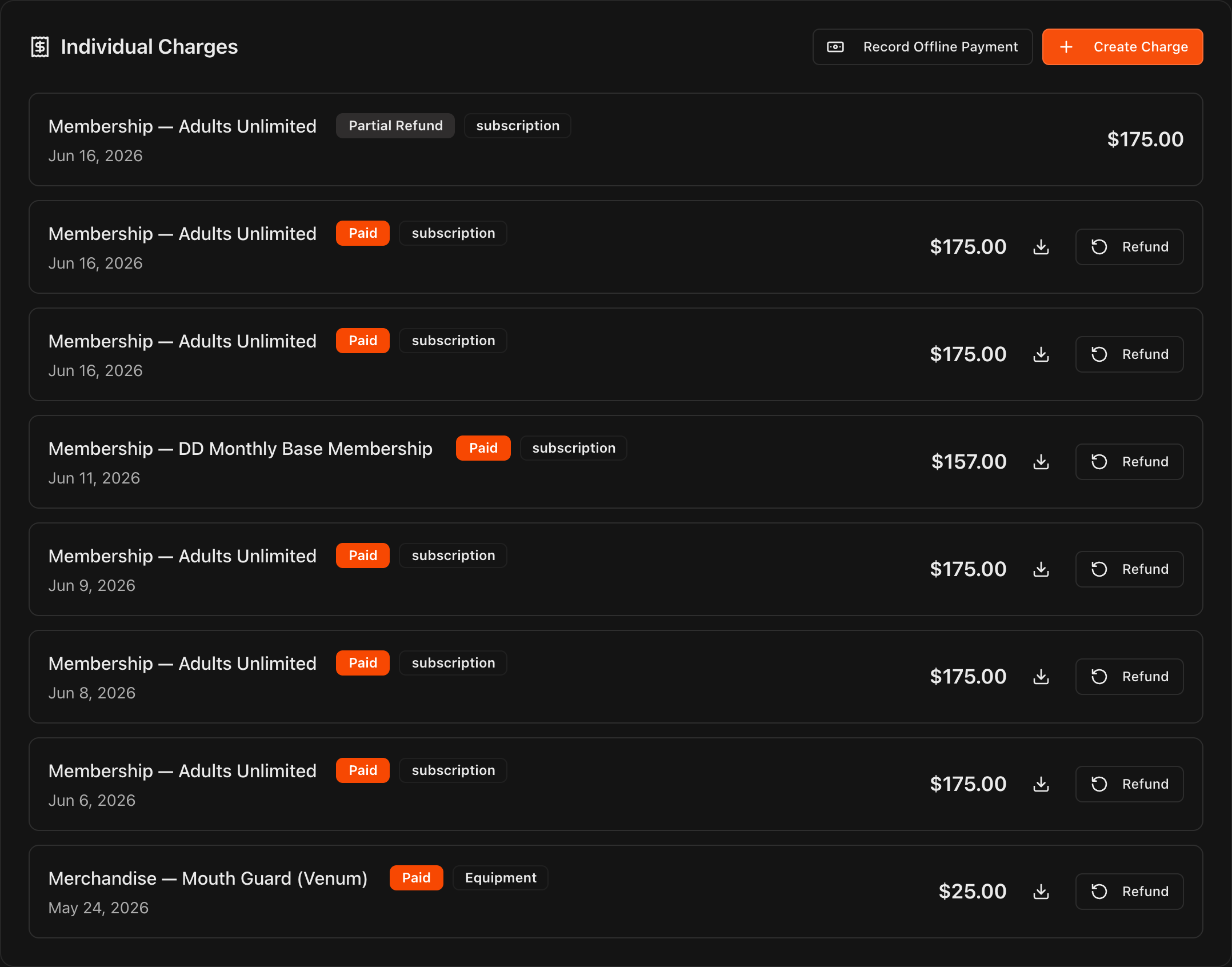Student Billing tab showing the Individual Charges list