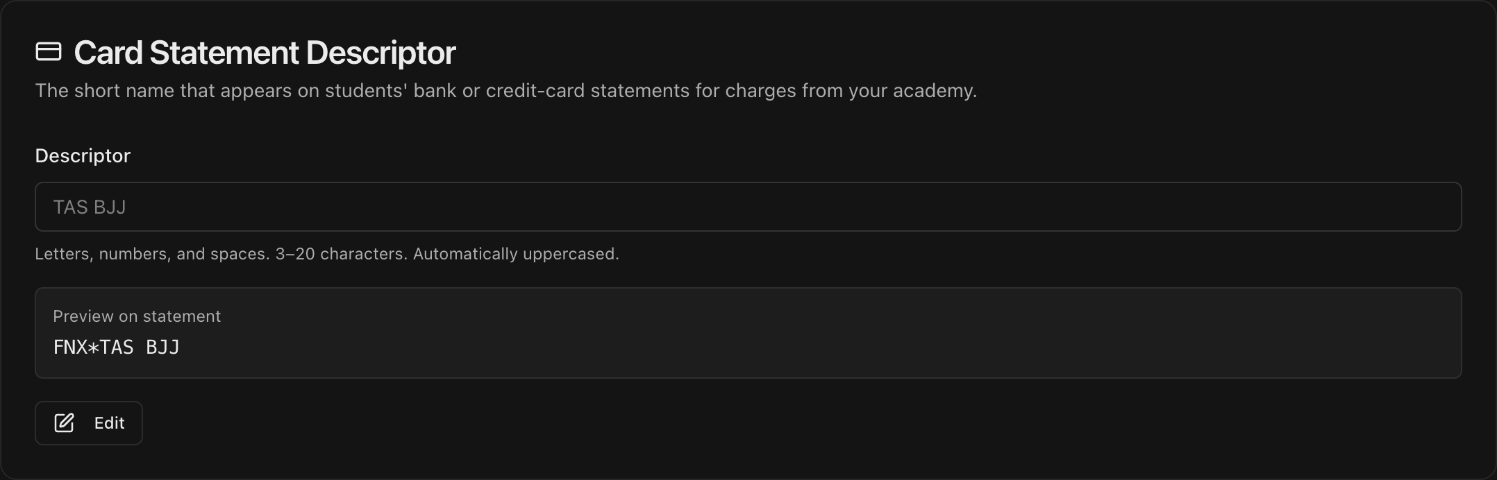 Payments Settings tab showing the Card Statement Descriptor edit field