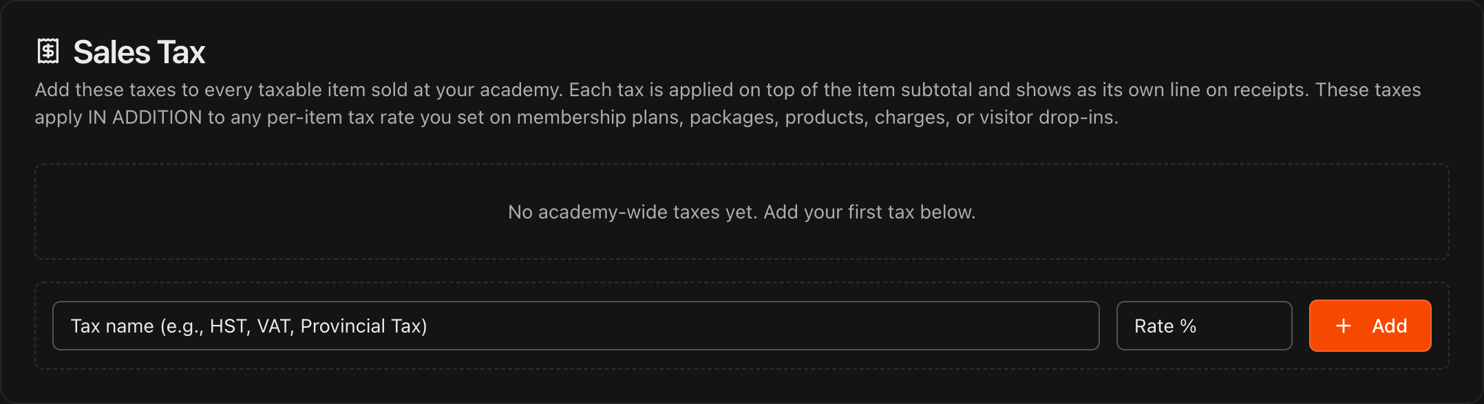 Payments Settings tab showing the Sales Tax section with Tax name and Rate fields
