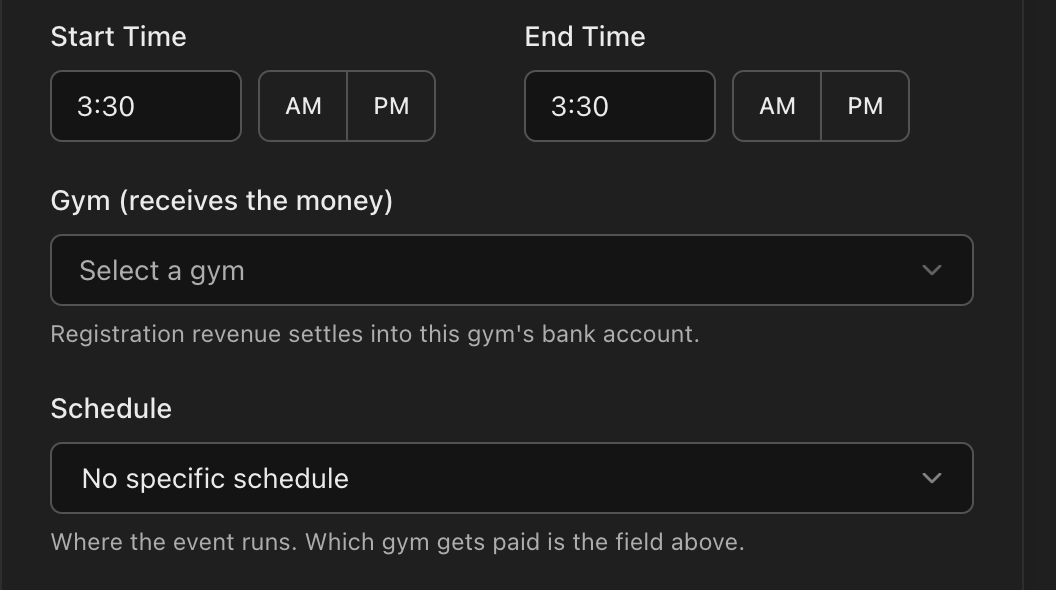 New Event dialog showing the Gym (receives the money) and Schedule fields