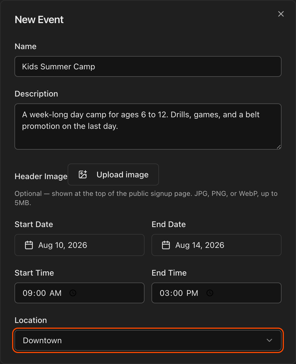 New Event form showing Name, Description, Header Image, Start Date, End Date, Start Time, End Time, and Location fields