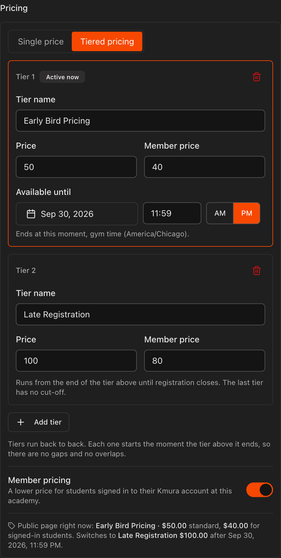 Event creation form showing Price, Capacity, Waiver Template, signup field toggles, and Published toggle