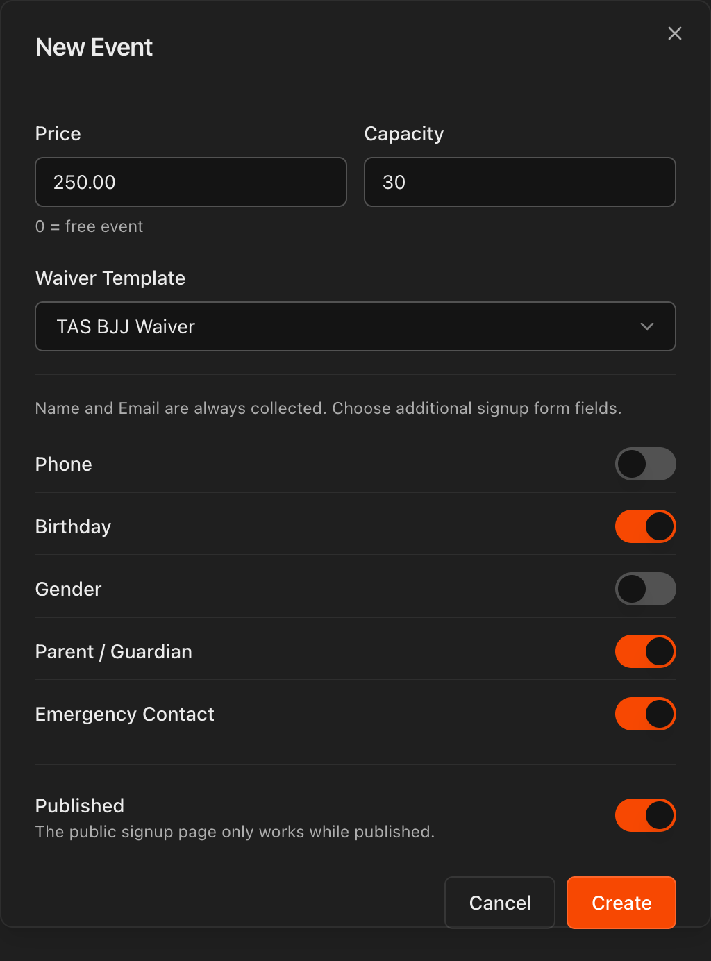 Event creation form showing Price, Capacity, Waiver Template, signup field toggles, and Published toggle