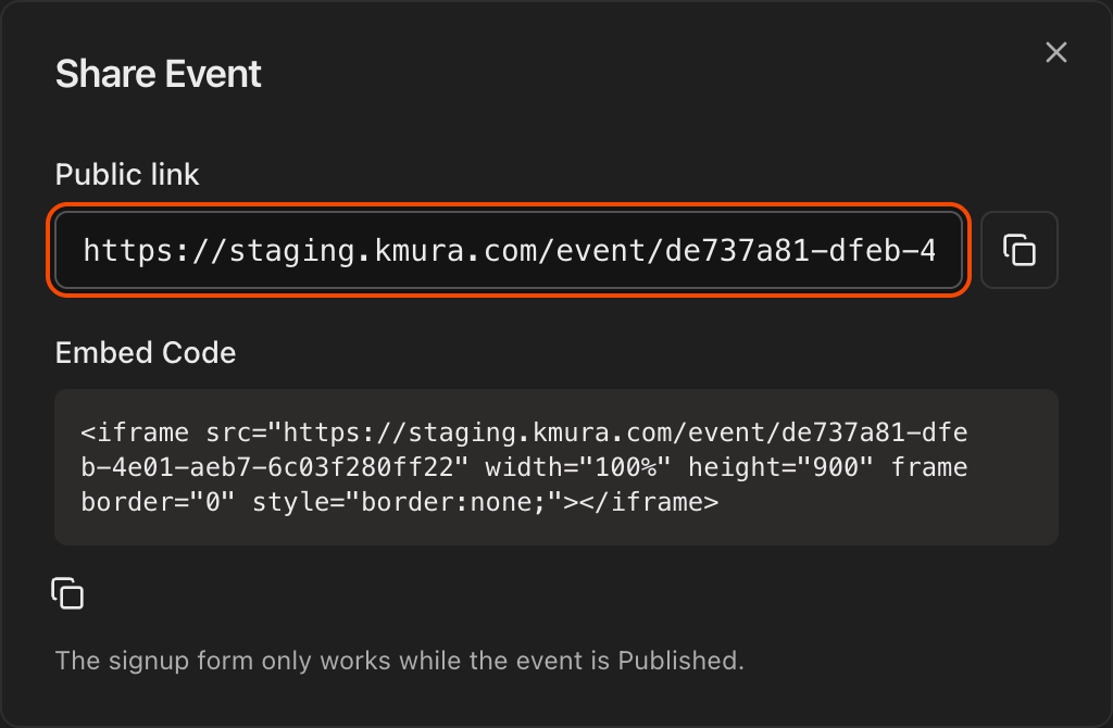 Share panel showing Public link and Embed Code with copy buttons