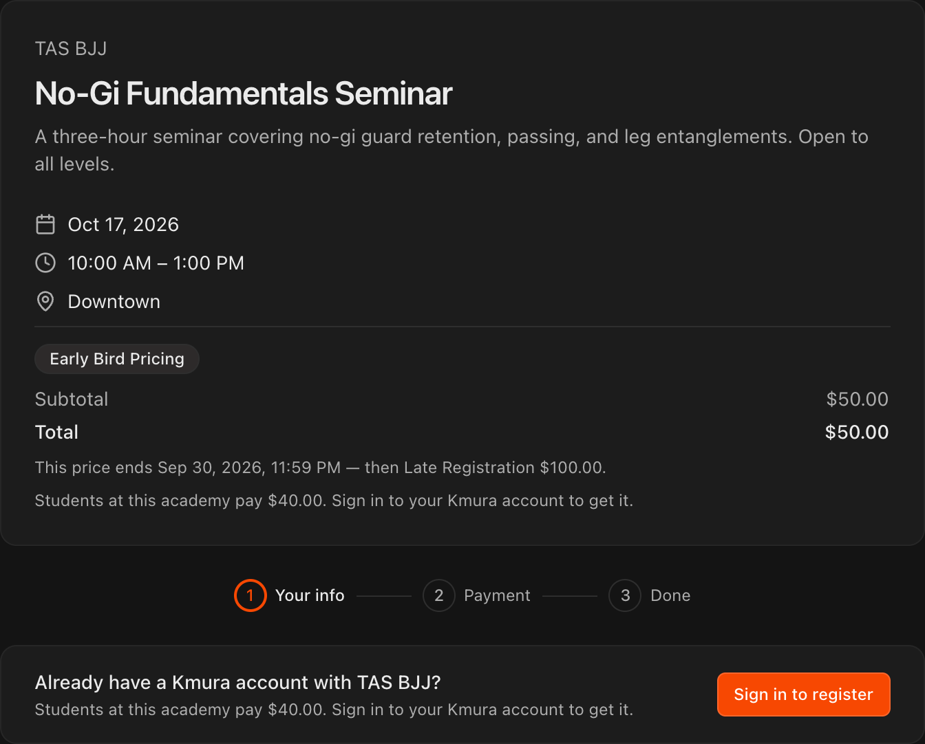 Public event signup page showing event details and the four-step registration flow