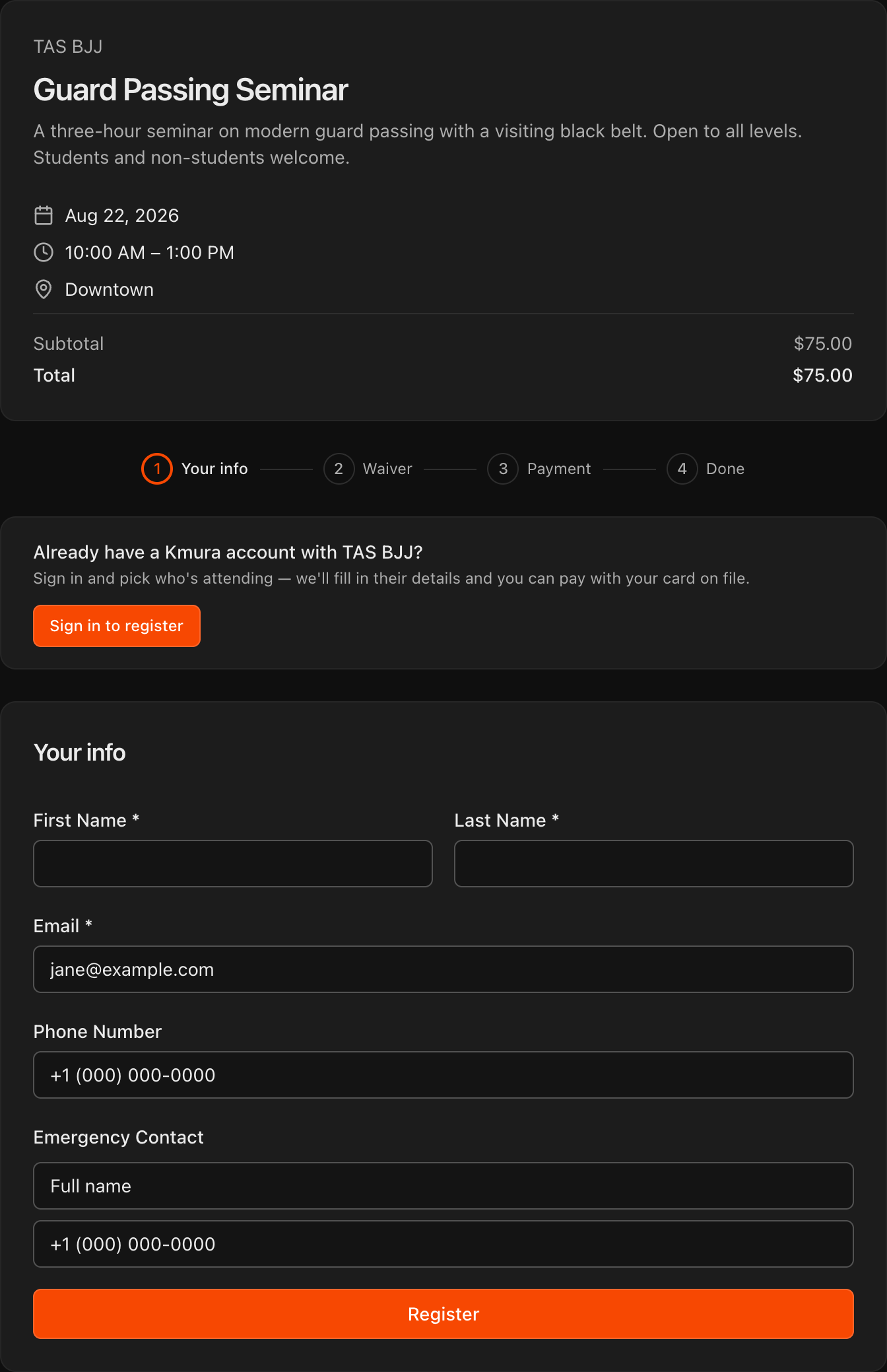 Public event signup page showing event details and the four-step registration flow