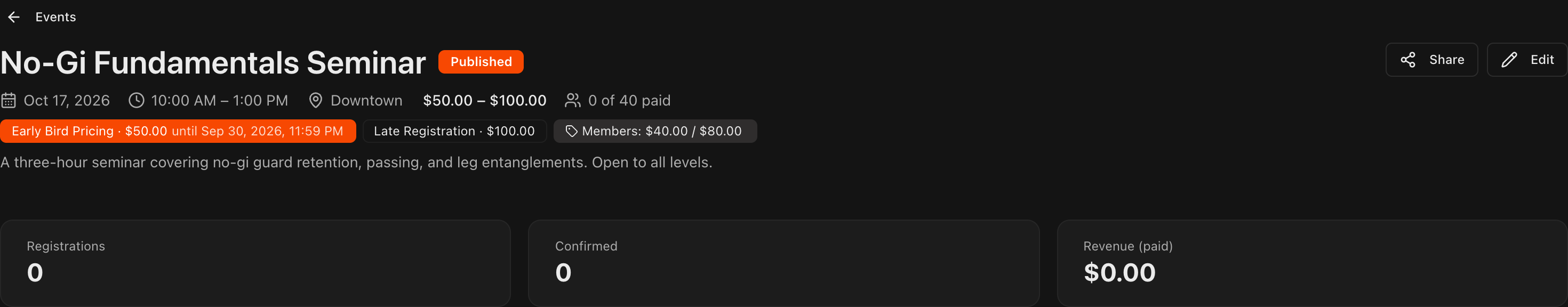 Event detail page showing Registrations, Confirmed, and Revenue totals above the Registrants table