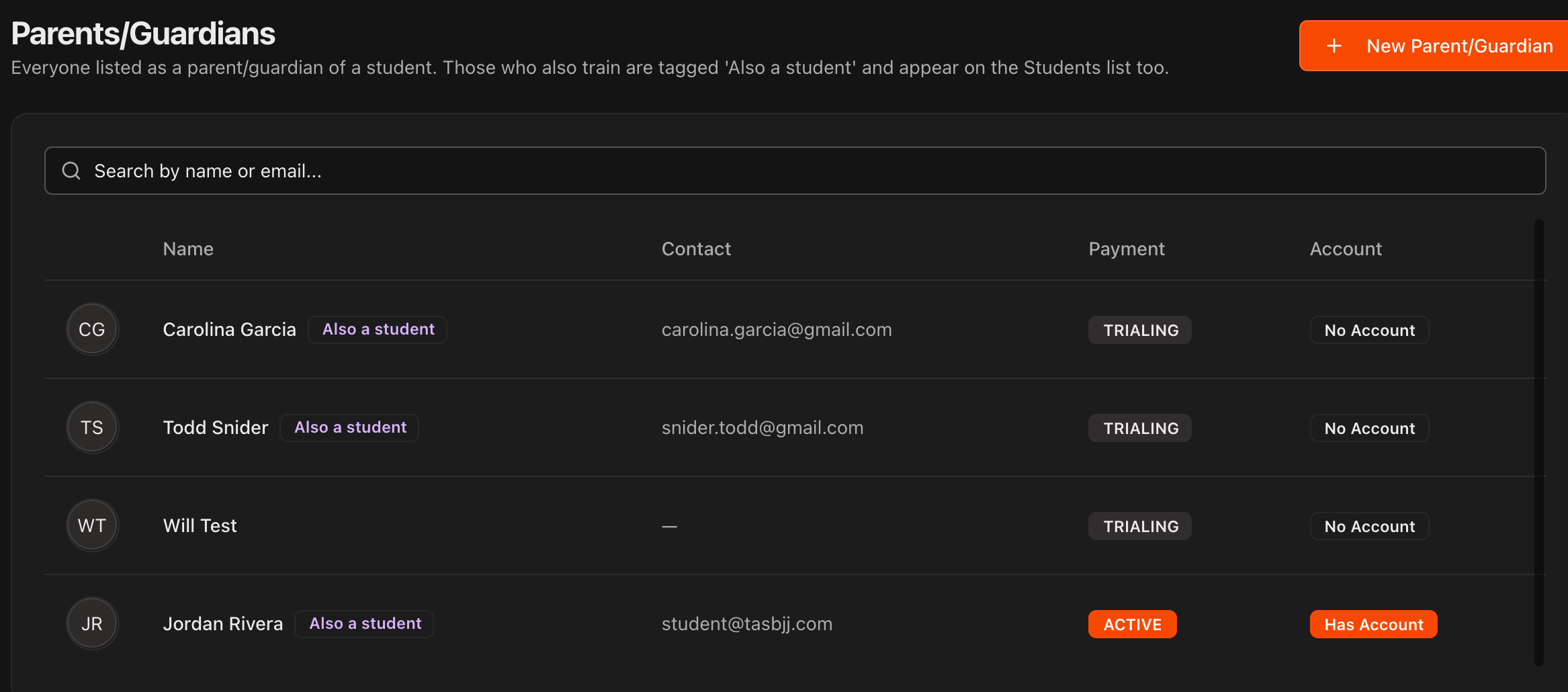 Parents/Guardians page showing the list with Also a student tags and contact details