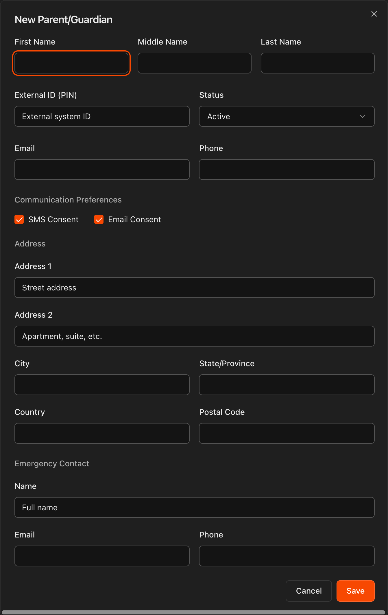 New Parent/Guardian form showing name, contact, and communication preference fields