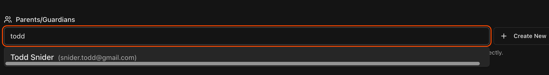 Student Details tab showing the Parents/Guardians field with search and Create New option