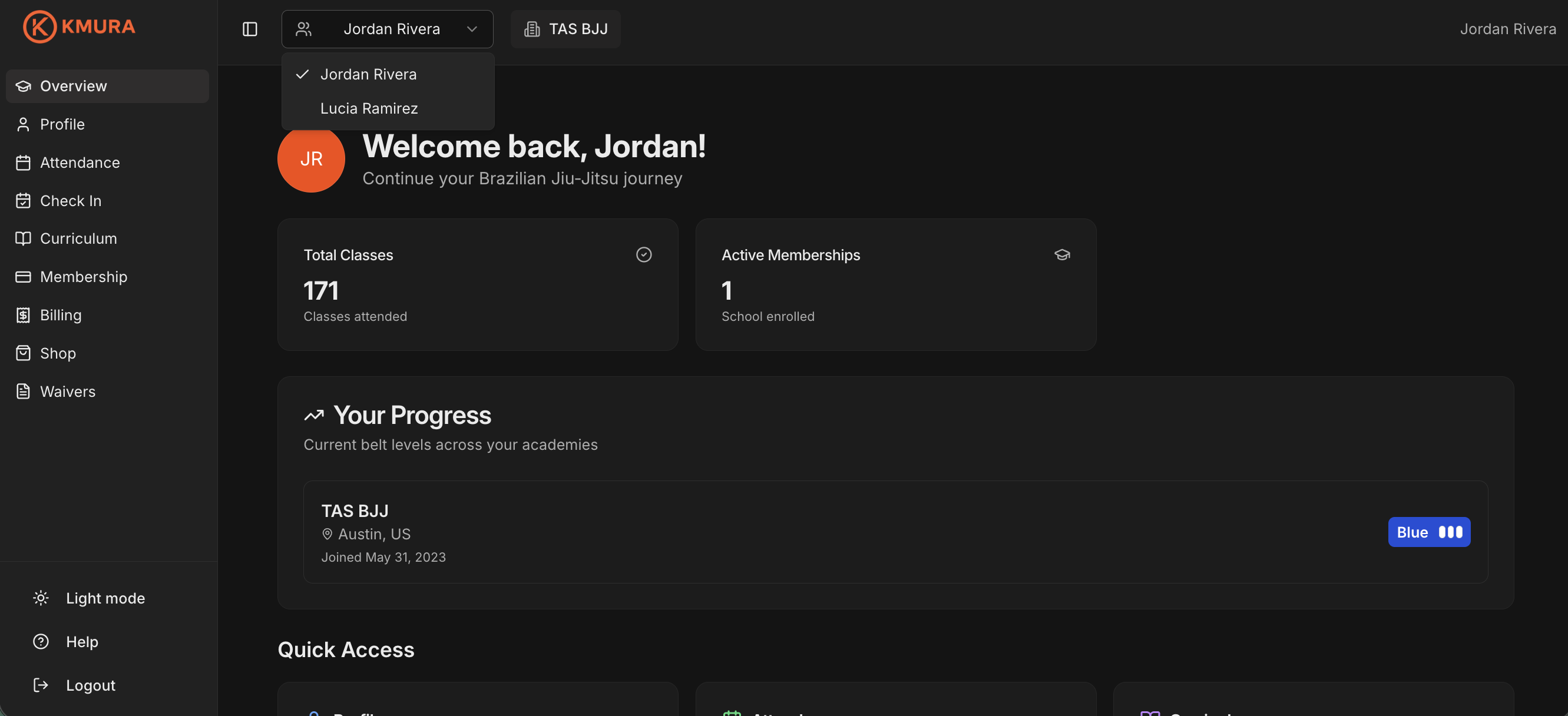 Parent portal header showing the profile toggle between assigned children