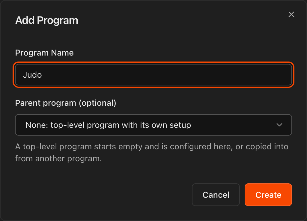 Diálogo Add Program com o nome Judo preenchido e Parent program em None