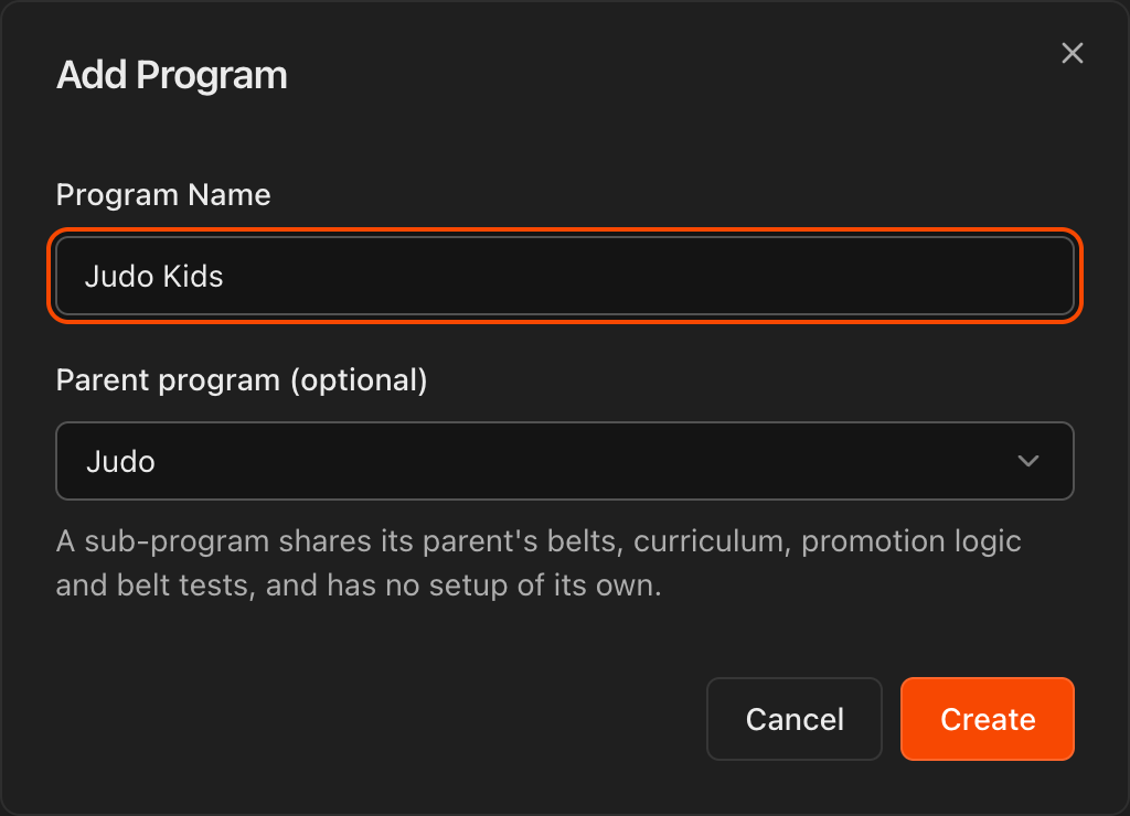 Diálogo Add Program com o nome Judo Kids preenchido e Parent program pré-selecionado em Judo