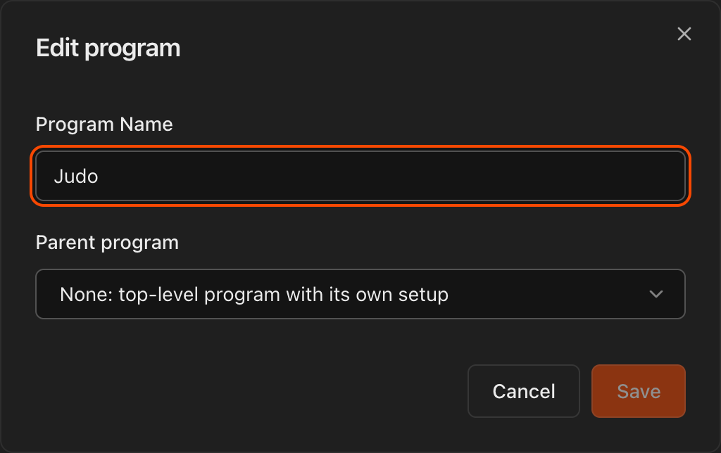Diálogo Edit program mostrando o campo Program Name e o seletor Parent program