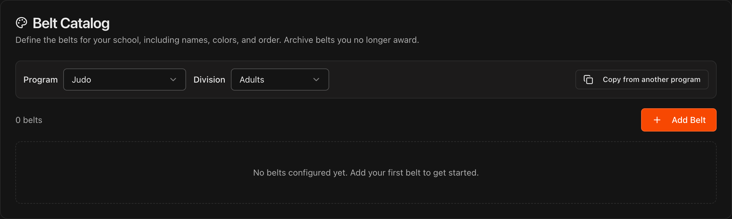 Seção Belt Catalog com Judo selecionado no seletor Program, sem faixas configuradas e com o botão Copy from another program