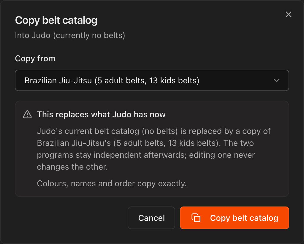 Diálogo Copy belt catalog copiando as faixas de Brazilian Jiu-Jitsu para Judo, com o aviso de substituição