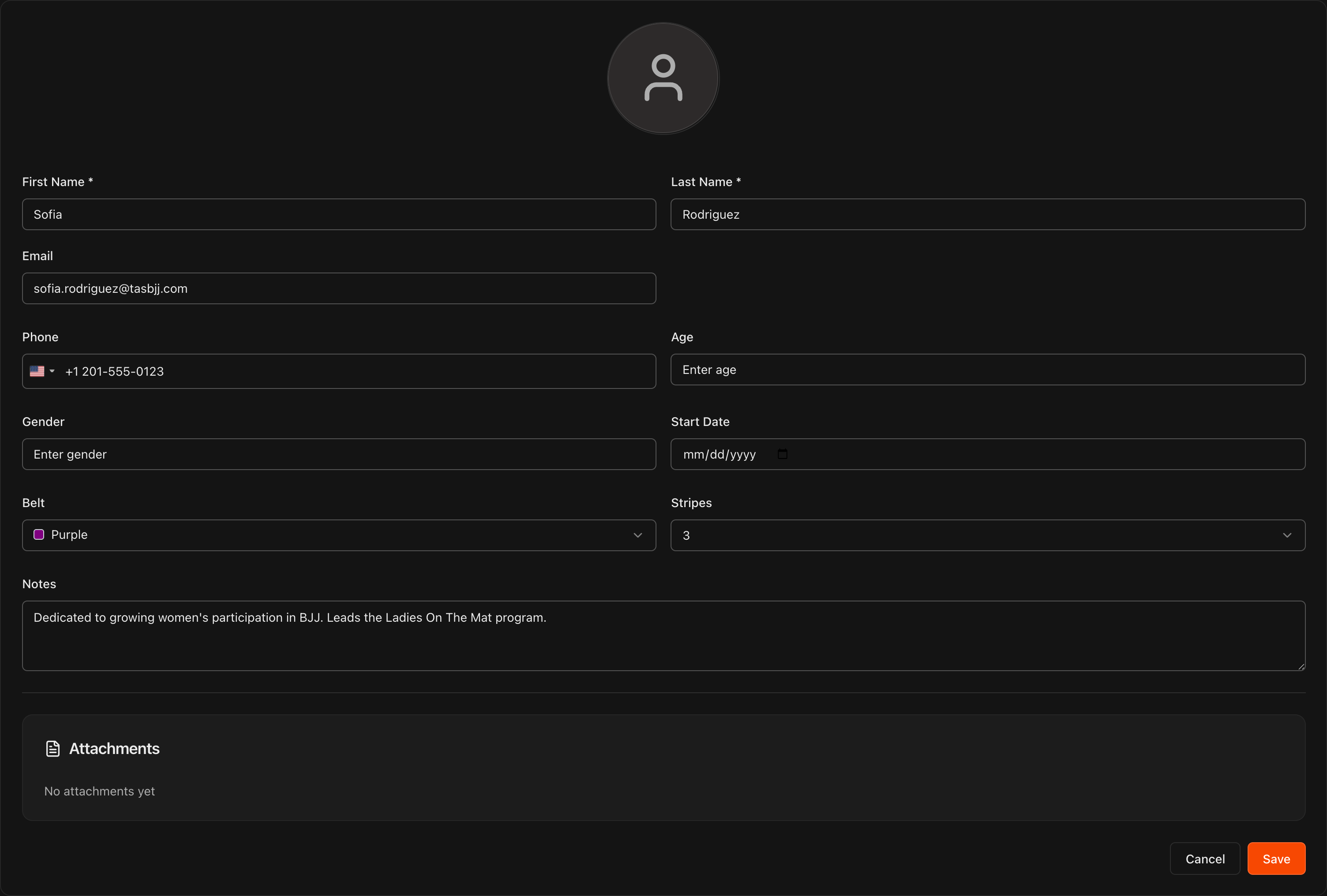 Instructor Details tab showing contact fields, Belt, Stripes, Start Date, and Notes
