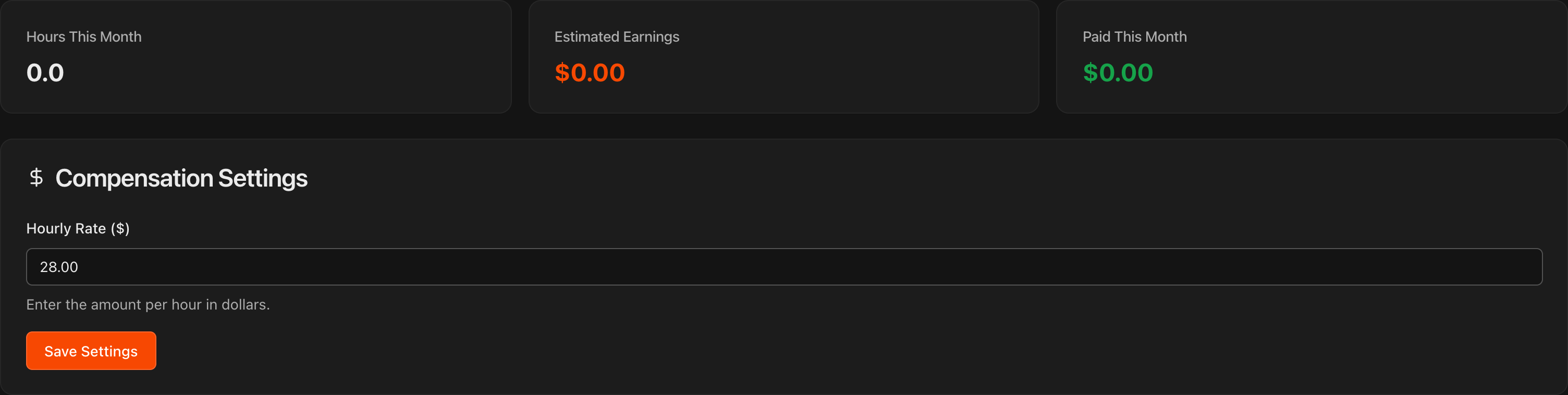 Compensation tab showing Hourly Rate field and Hours This Month, Estimated Earnings, and Paid This Month tiles