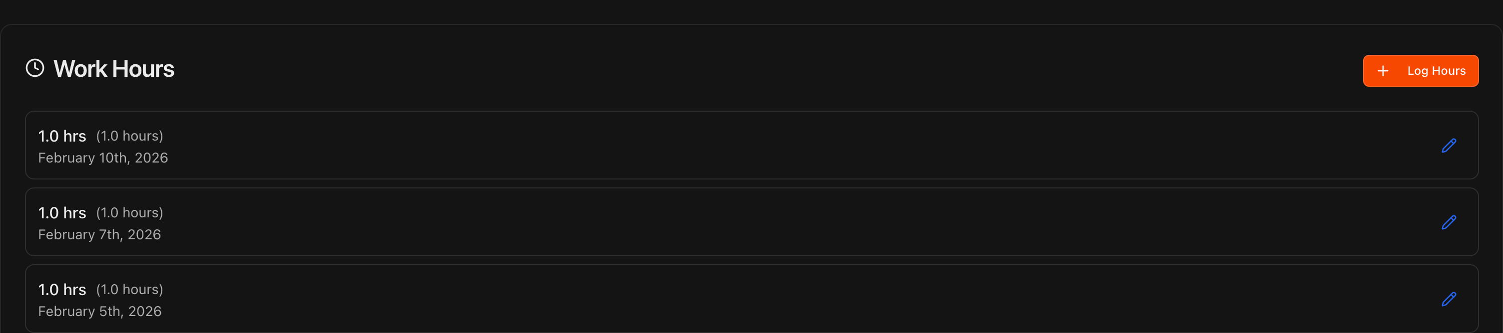 Work Hours section showing logged entries and the Log Hours button