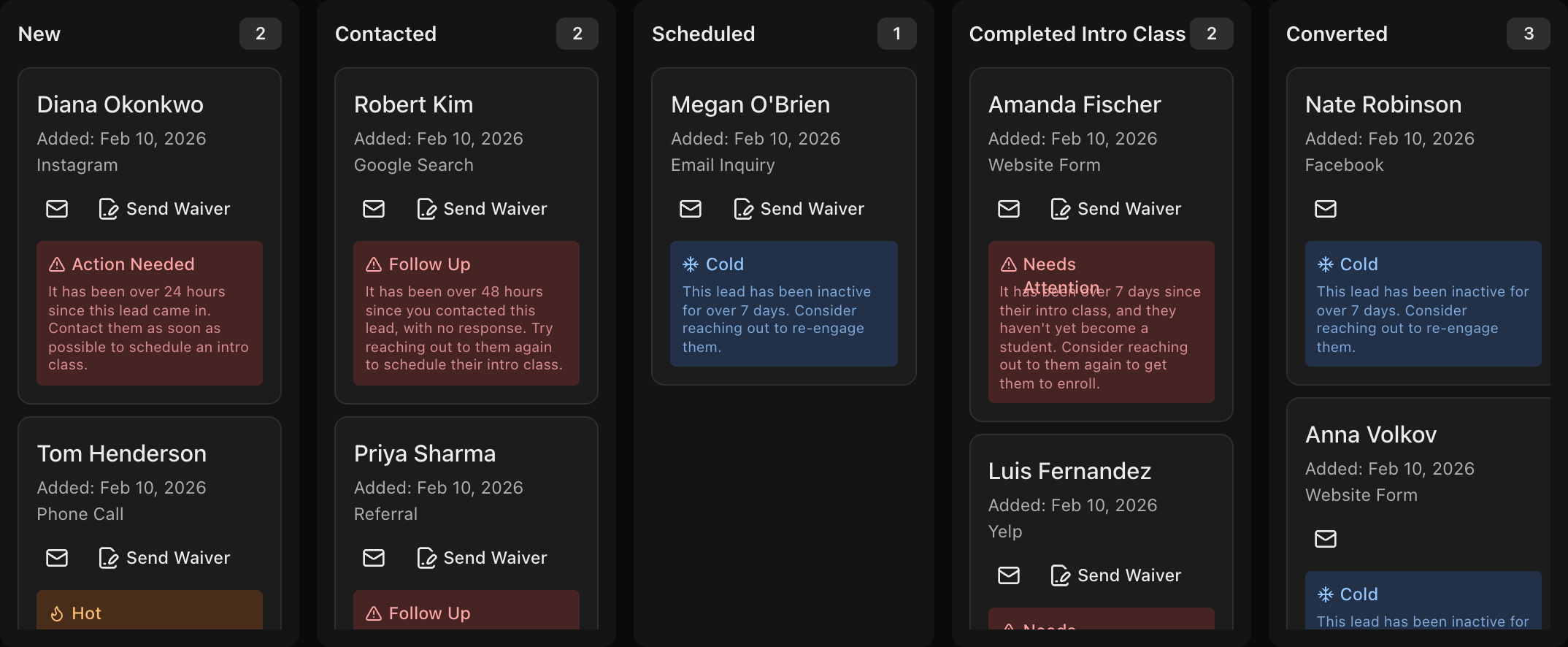 Leads Kanban board showing stage columns and lead cards