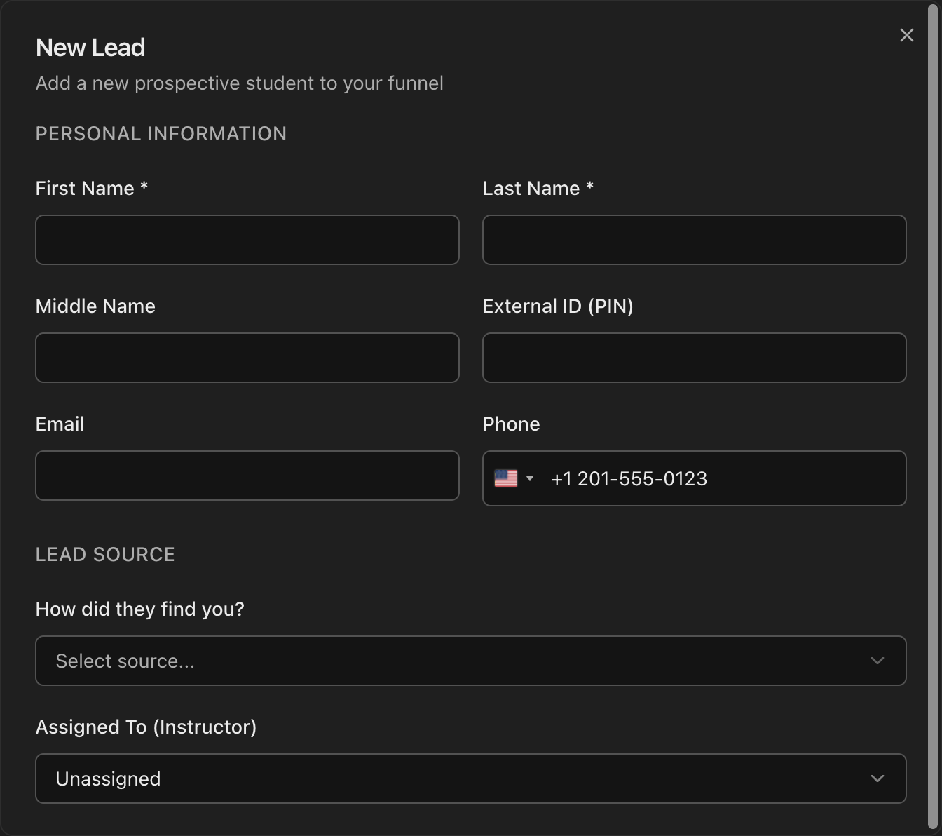 New Lead form showing Personal Information fields and Lead Source dropdown