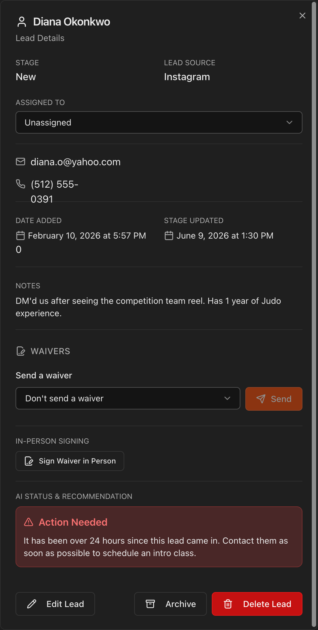 Lead card showing the email icon and Send waiver button