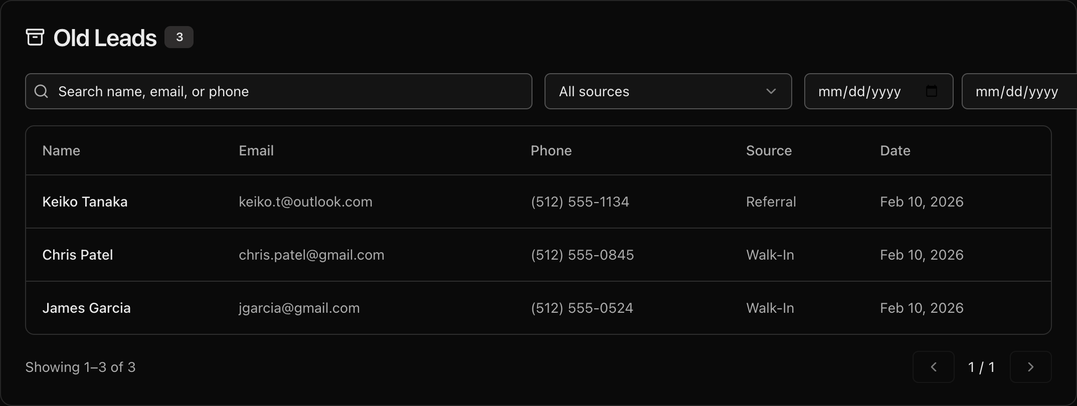 Old Leads table with search filters and a Reactivate button