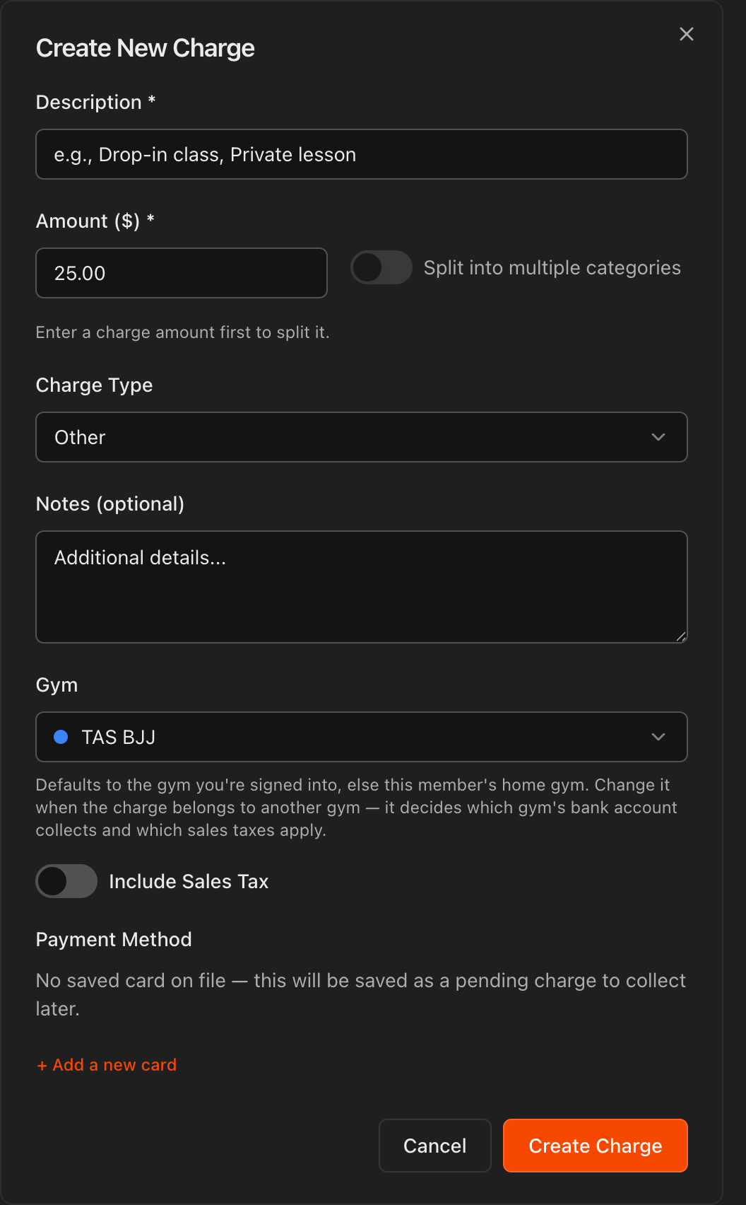 Create New Charge dialog with the Gym field