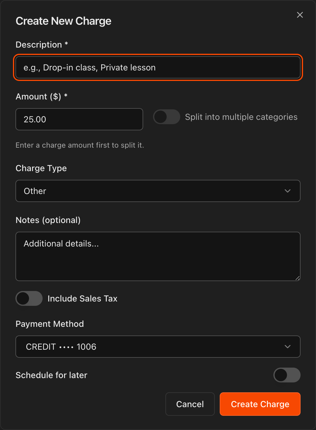 Create New Charge dialog showing Description, Amount, Charge Type, and Payment Method fields