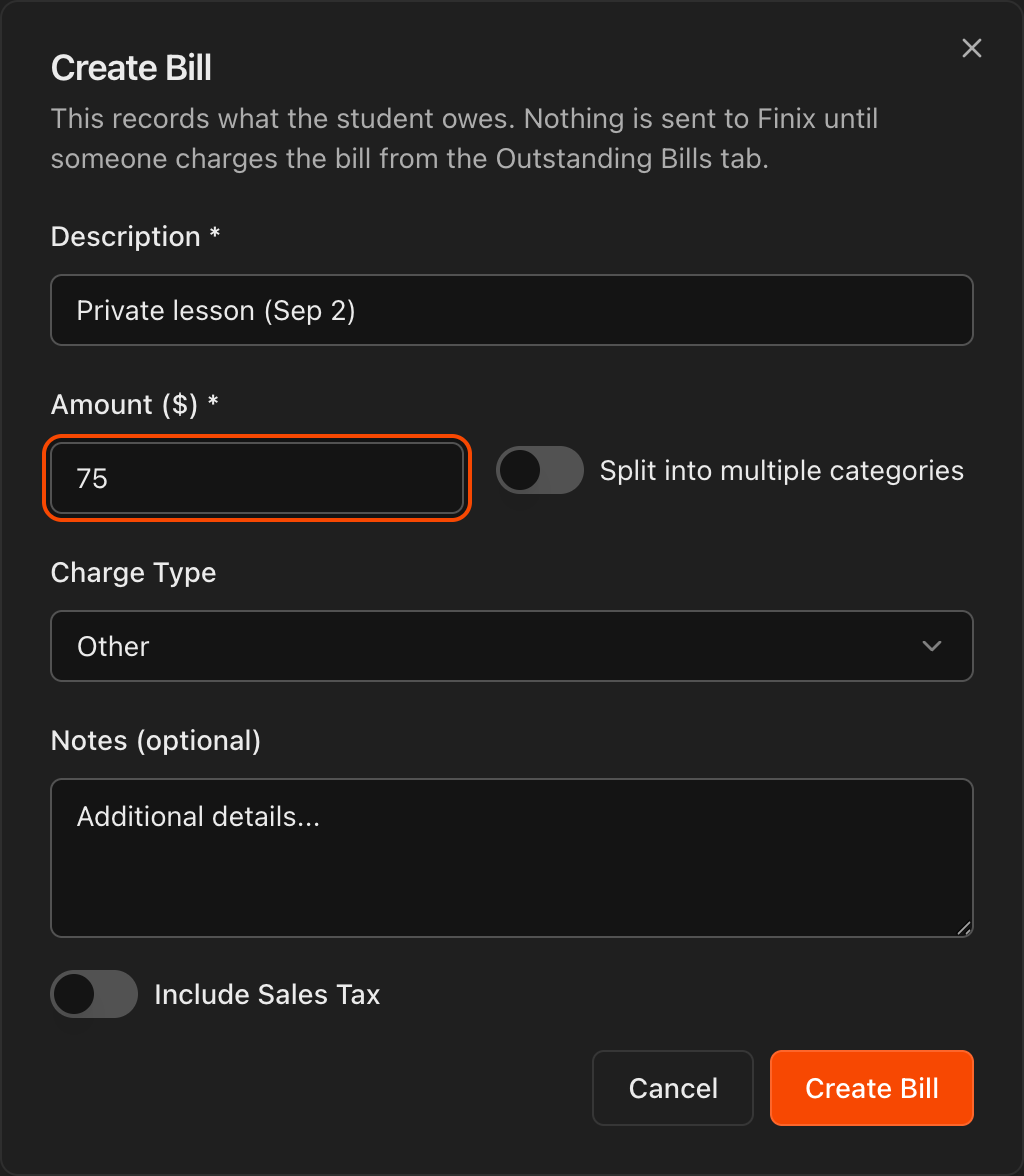Create Bill dialog and confirmation showing an unpaid bill in Outstanding Bills