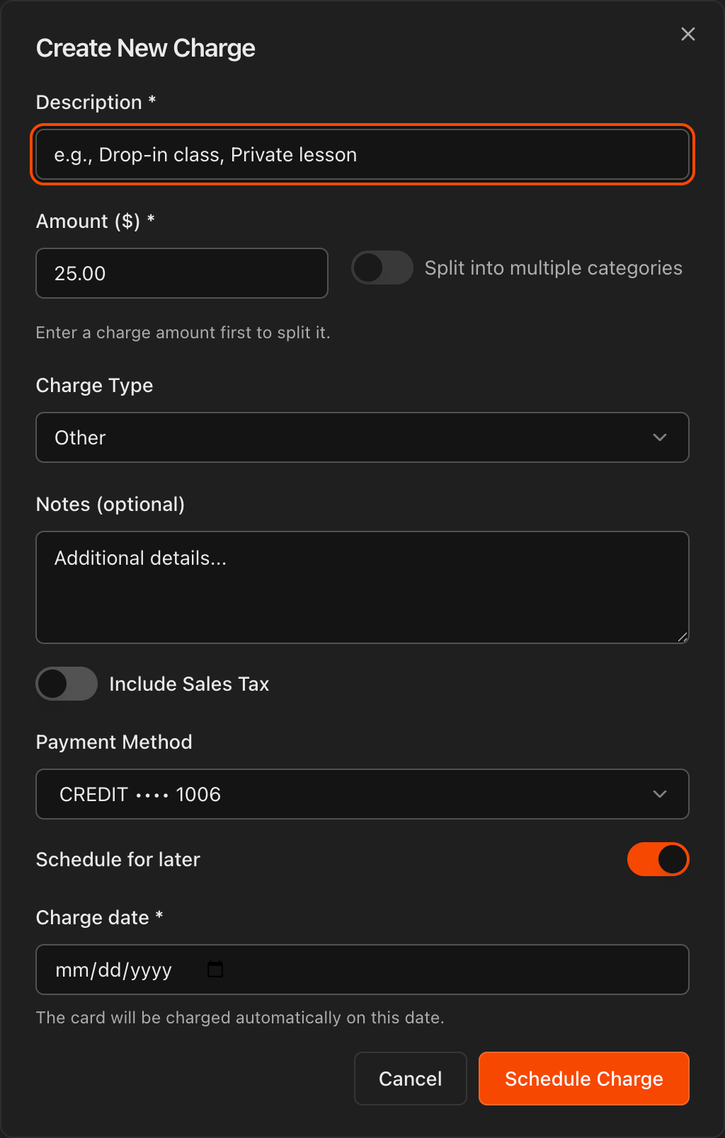 Create New Charge dialog with Schedule for later toggled on showing the Charge date picker