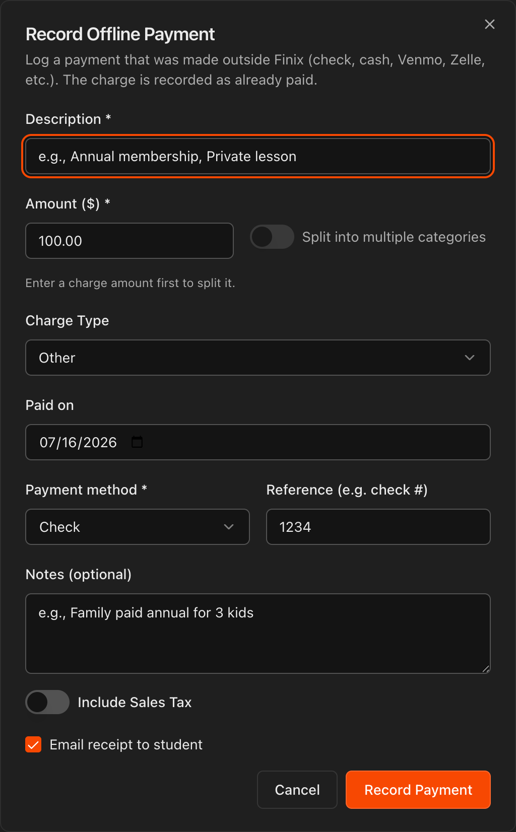 Record Offline Payment dialog showing Description, Amount, Paid on date, Payment method, and Reference fields