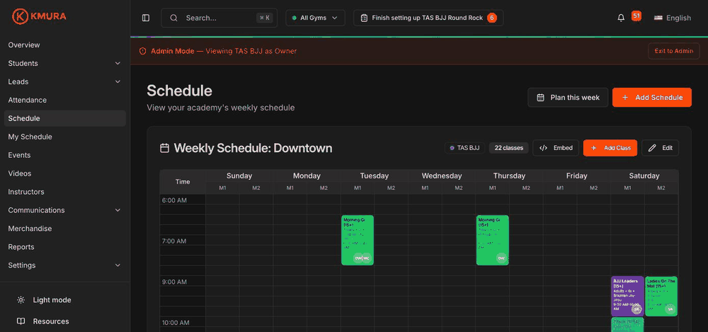 Opening Plan this week from the Schedule page, adding a topic to a class, attaching a library video, turning on Visible to students, and saving