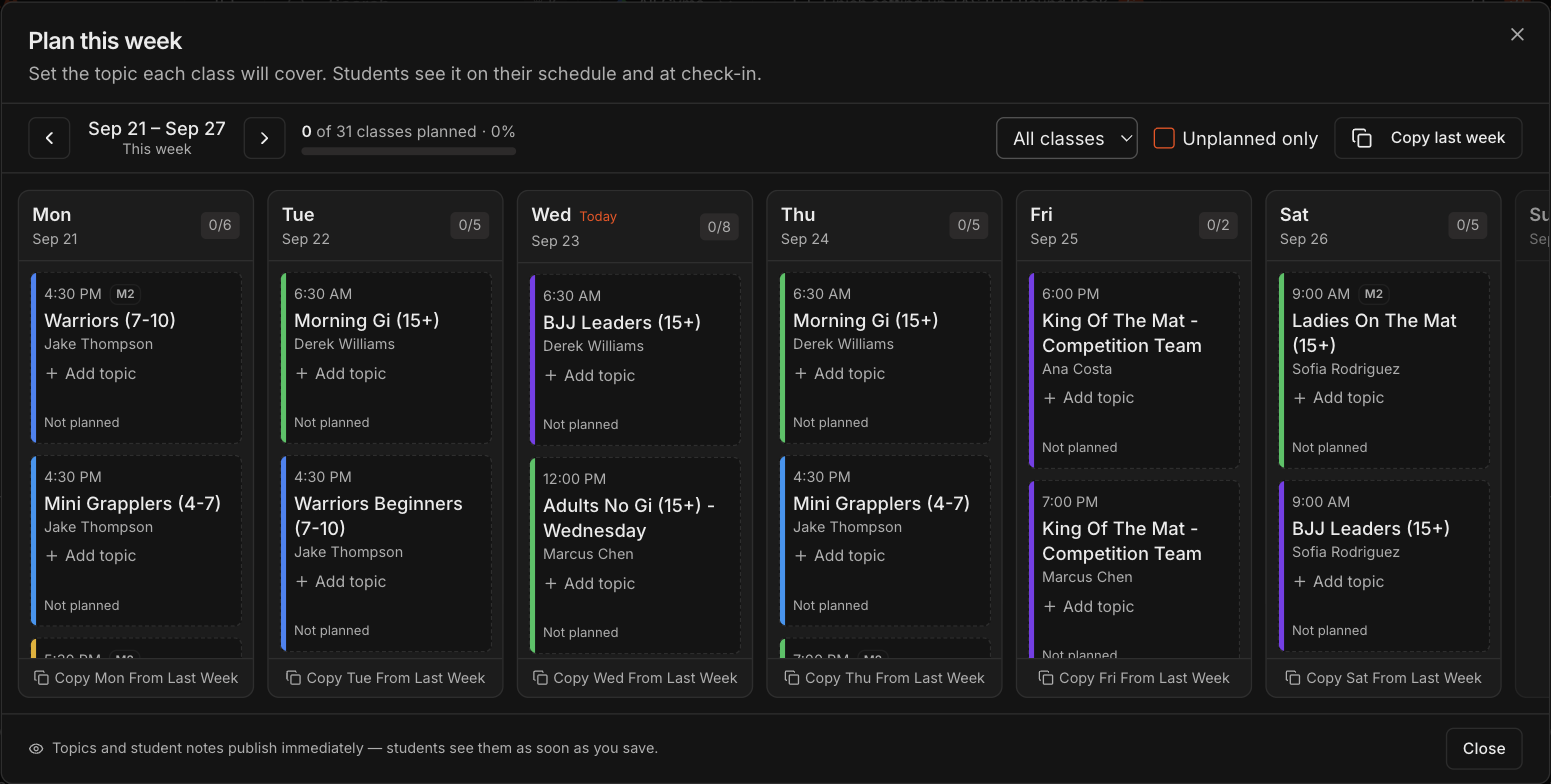 Plan this week dialog showing one column per day with every class marked Not planned and an Add topic link