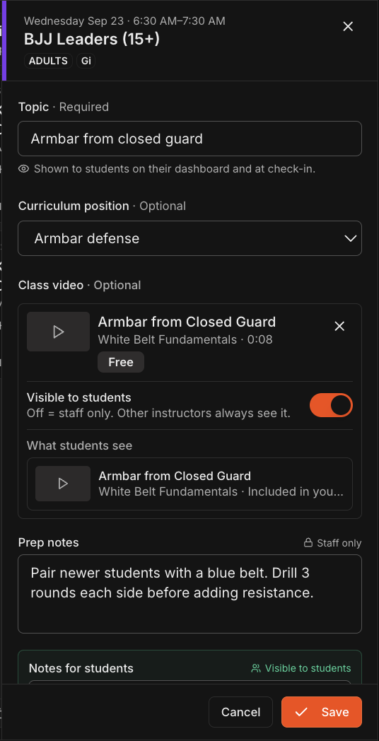 Class panel with the Topic filled in, a Curriculum position selected, a video attached under Class video, and the Visible to students toggle turned on