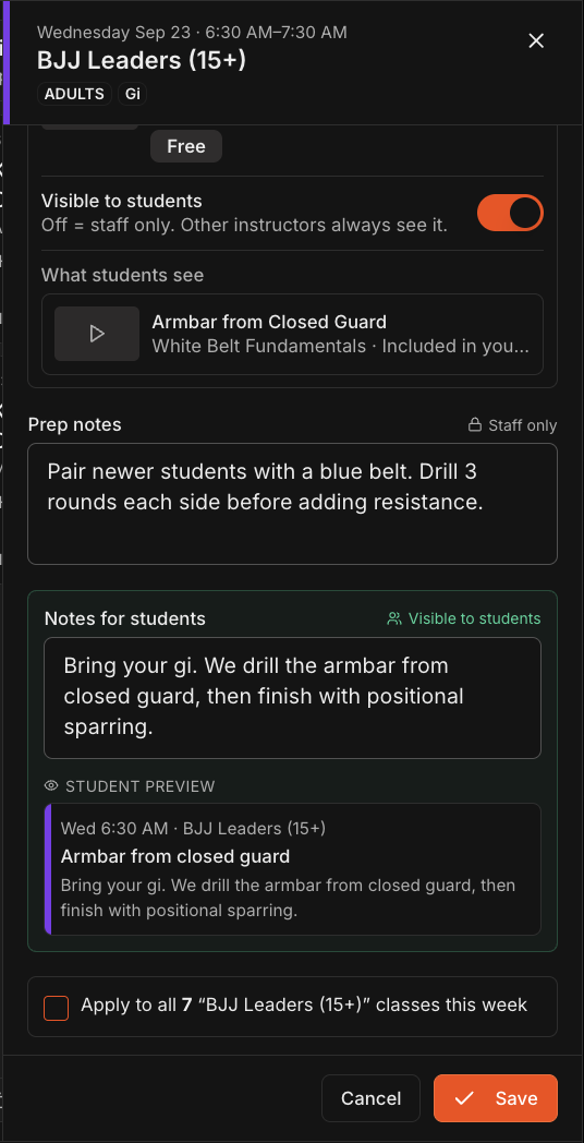 Class panel showing Prep notes marked Staff only, Notes for students, the Student preview card, and the Apply to all classes this week checkbox above Save