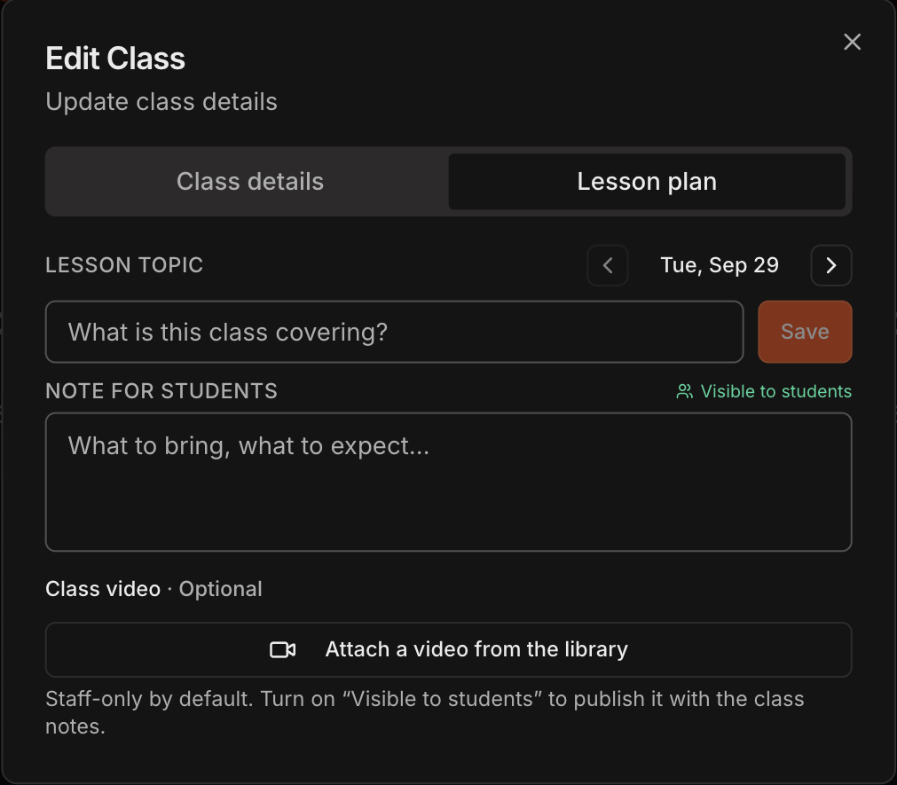 Edit Class dialog on the Lesson plan tab with a date selector, Lesson topic, Note for students, and Class video fields