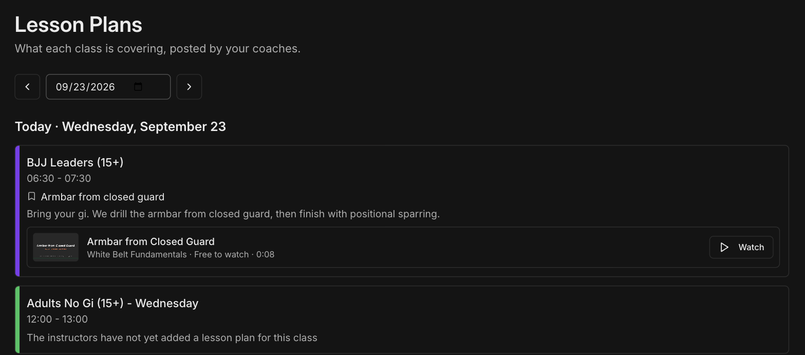 Student portal Lesson Plans page showing a class with its topic, note, and attached video with a Watch button, and a class with no lesson plan yet