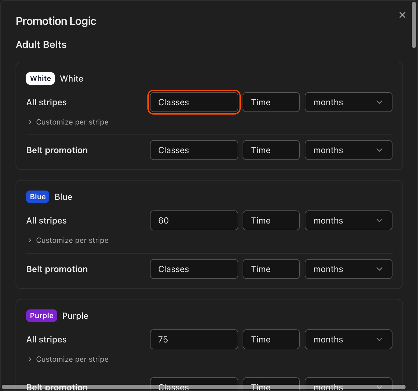 Curriculum Settings Promotion Logic page showing Configure Promotion Requirements