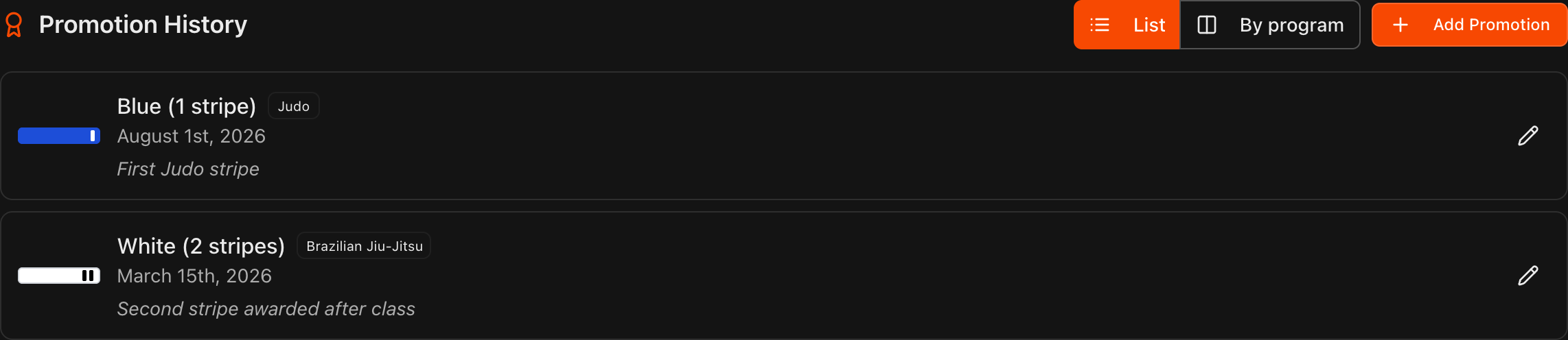 Promotion History with a program badge on each record and the Add Promotion button