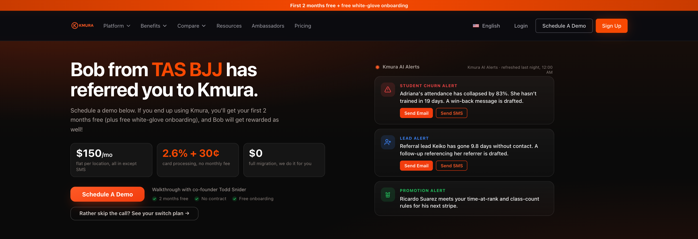 Top of the kmura.com referral page reading Bob from TAS BJJ has referred you to Kmura, with pricing tiles and the Schedule A Demo button