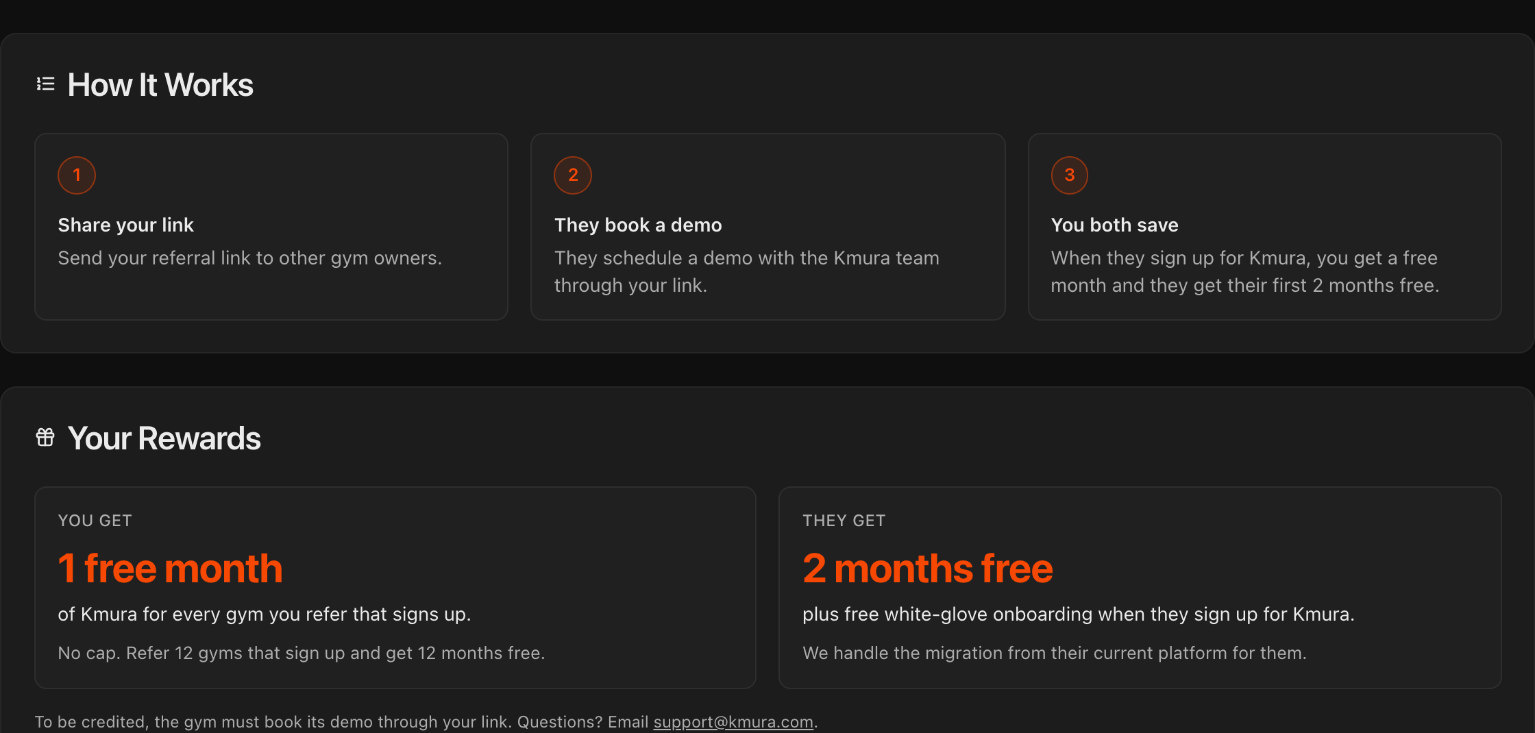 How It Works with its three steps and Your Rewards showing 1 free month for you and 2 months free for the referred gym