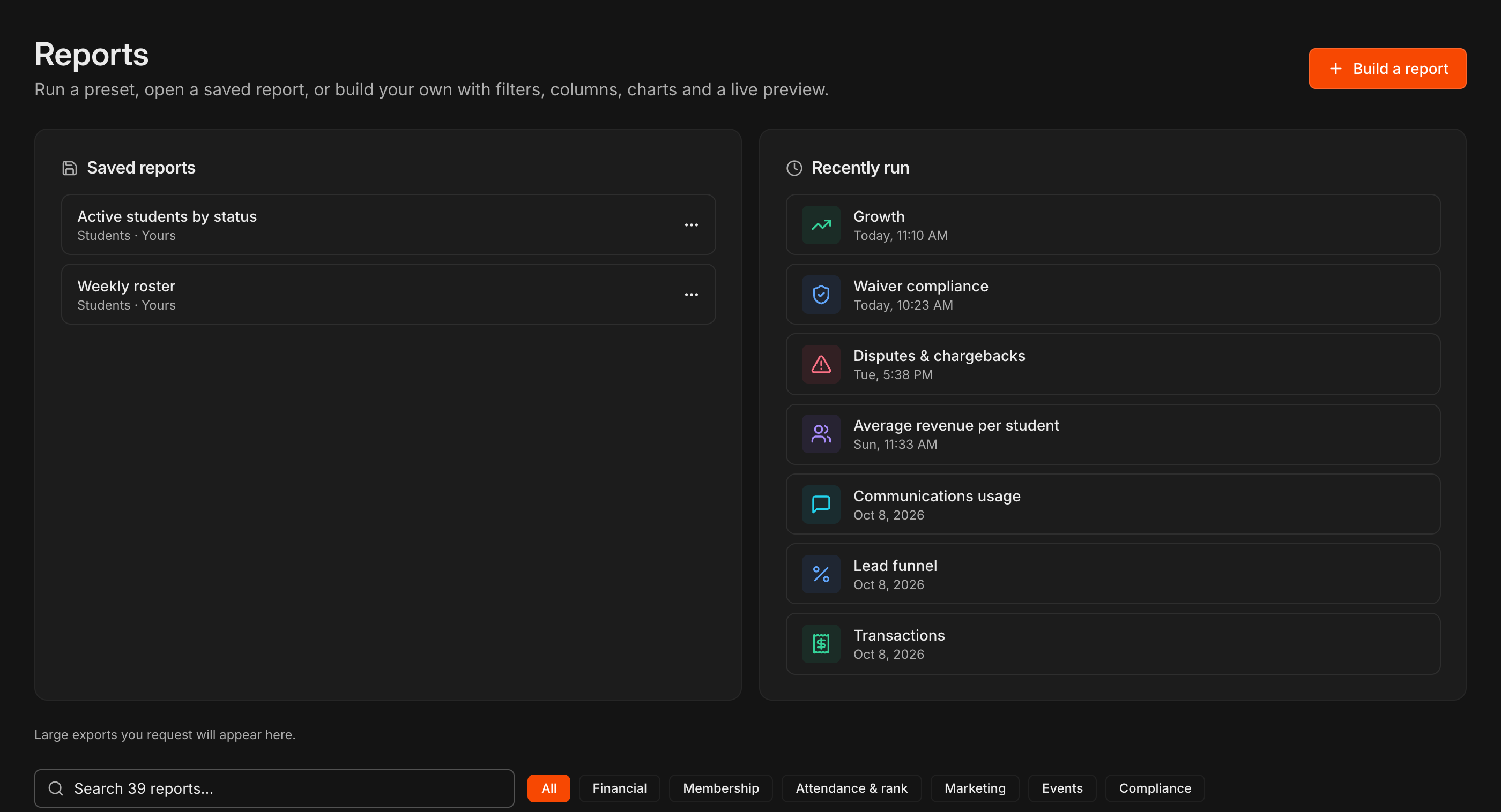 Top of the Reports page with two saved reports in the Saved reports card and the Recently run list next to it