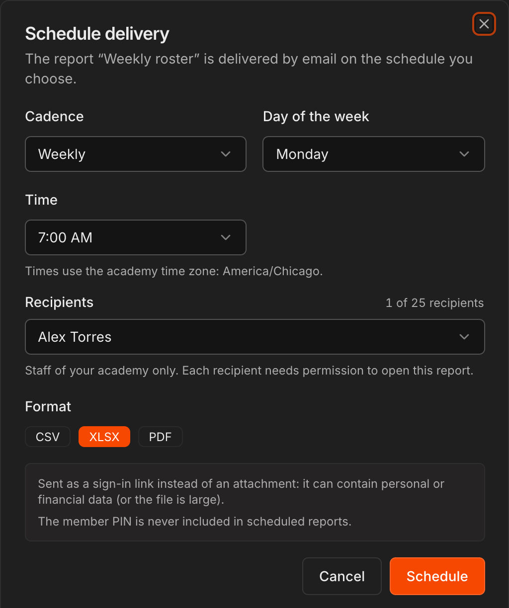 Schedule delivery dialog with Cadence set to Weekly, Day of the week, Time, Recipients, the CSV, XLSX and PDF format options and the Schedule button